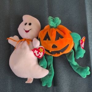 Lot Of Two Halloween Beanie Babies - Pumpkin & ghost